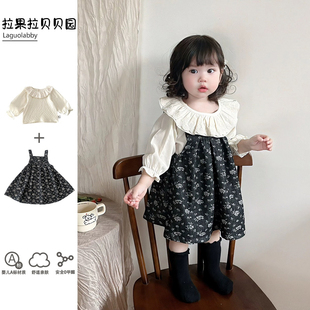 韩版女童连衣裙2026春季花边领打底衫碎花背心裙复古田园风两件套