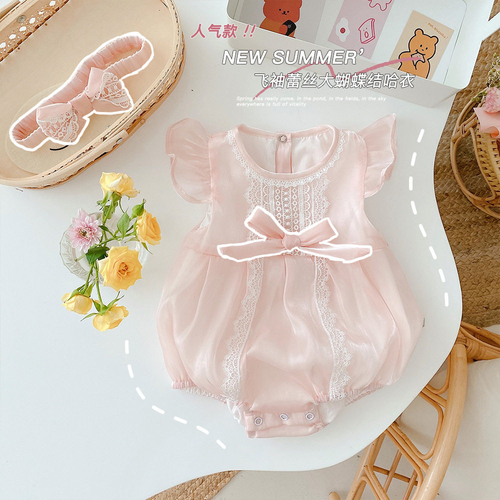 21婴儿衣服夏季宫廷风连体衣女宝宝百天周岁礼服粉色三角包屁哈衣