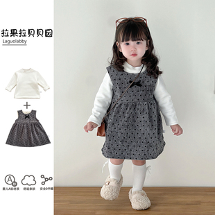 拉果拉女宝秋冬套装 女童棉袄波点背心裙加绒打底上衣裙子外出套装