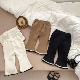 保暖纯色洋气 女童加厚一体绒坑条棉质长裤 宝宝裤 子秋冬加绒喇叭裤