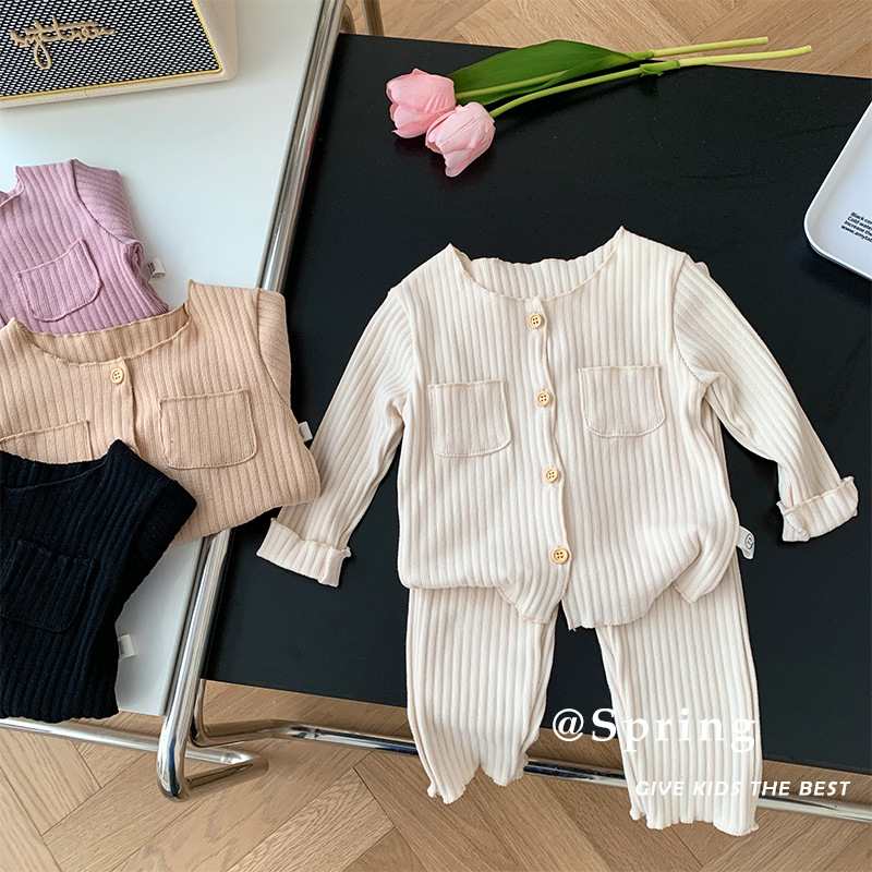 韩版女童春秋装家居服睡衣套装女宝宝坑条棉质上衣裤子纯色两件套