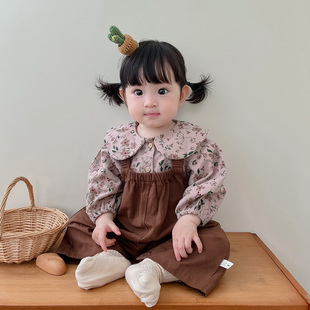 韩版 套装 女宝宝洋气碎花上衣背带裤 两件套婴幼儿爬服 婴儿衣服春季