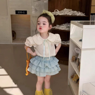 拉果韩系女童泡泡袖娃娃领衬衫套装儿童格子蛋糕裙两件套网红宝宝