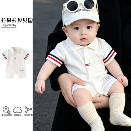 拉果英伦风男宝宝衣服夏季婴儿薄款短袖哈衣白色polo领纯棉连体衣