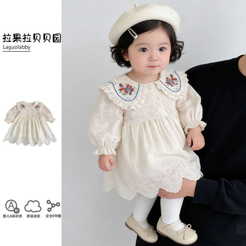 拉果女童刺绣连衣裙秋装婴儿娃娃领公主裙宝宝周岁宴礼服裙1-5岁