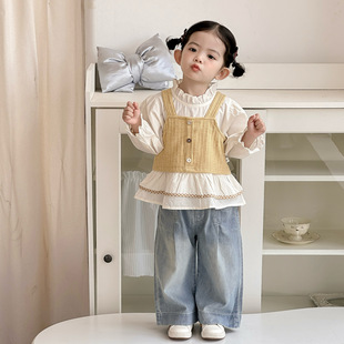 女童春天衣服宝宝假两件木耳边衬衫+阔腿牛仔裤 宝宝洋气外出套装