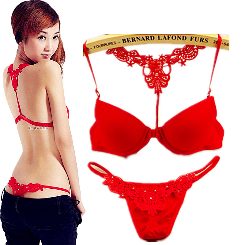 新款少女士性感无痕Y型蕾丝刺绣美背深V文胸前扣式聚拢内衣套装