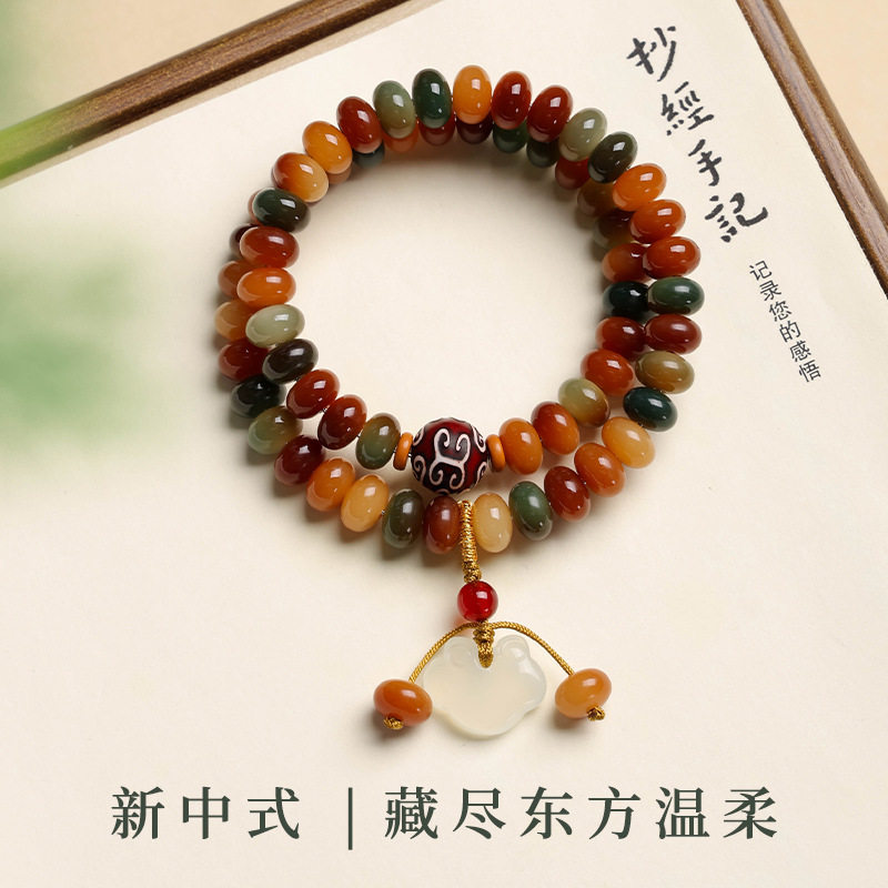 浓郁色敦煌菩提根手串国风算盘珠双圈女生盘玩菩提子文玩佛珠时尚