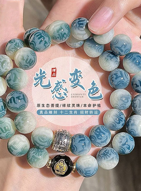 2026高档光感变色六字箴言菩提手串本命十二生肖佛珠双圈文玩手链