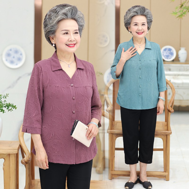 200斤中老年人妈妈春秋装薄款衬衫女加肥加大码奶奶夏装老人衣服