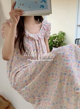 莫奈花园荷叶花边全棉双层纱布无袖背心睡裙薄款夏季宽松睡衣长裙