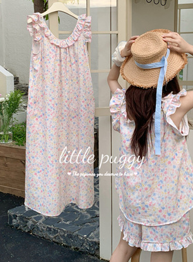 莫奈花园全棉双层纱布无袖背心短裤睡衣女夏季甜美花边韩国家居服