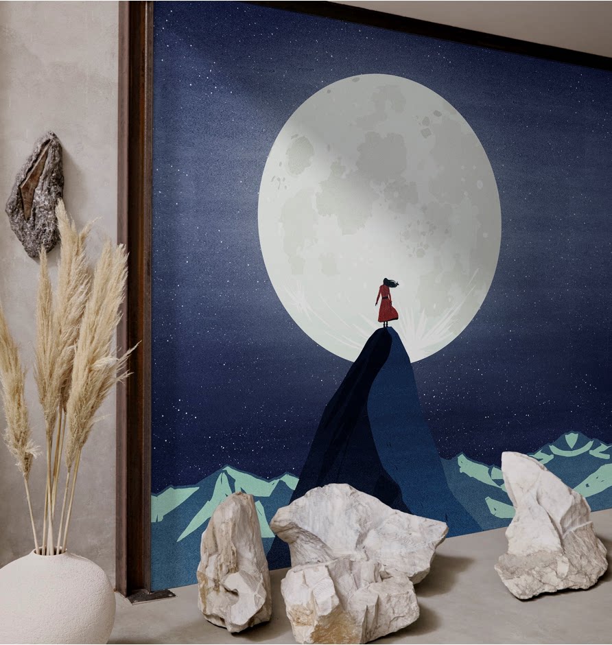 意大利原装进口定制壁画wall&decò现代简约蓝色月亮图案背景壁纸