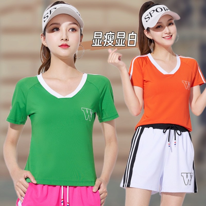 2024夏季时尚V领广场舞上衣女单件短袖运动T恤速干跳舞衣服薄款,运动/瑜伽/健身/球迷用品,广场舞上装,淘宝优惠券,粉丝福利购,淘宝优惠卷