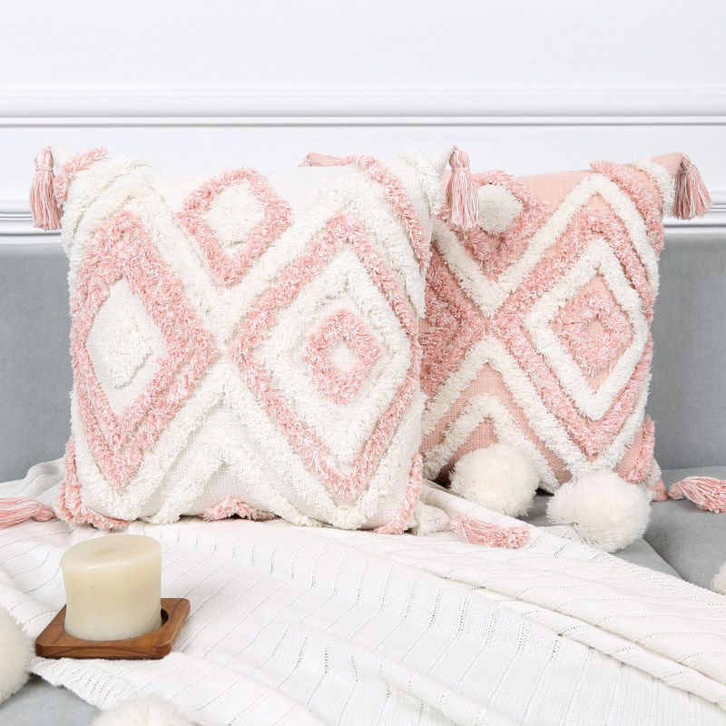 粉色几何簇绒抱枕可爱少女心长条枕样板房客厅沙发床头护腰靠垫套