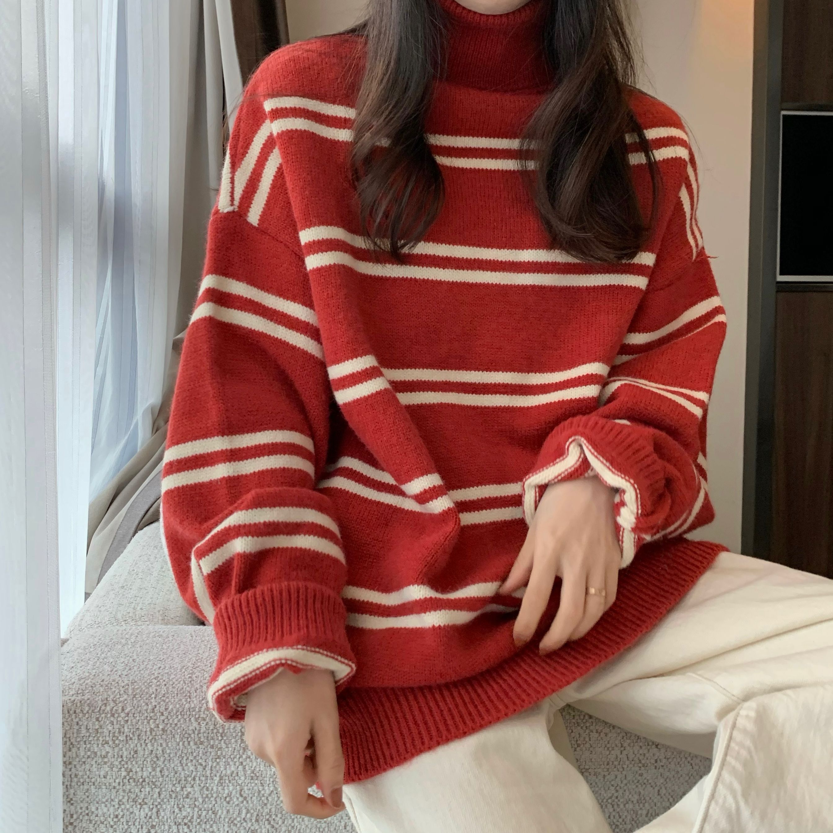 Real price striped turtleneck sweater with Slouchy Pullover and medium length thick sweater