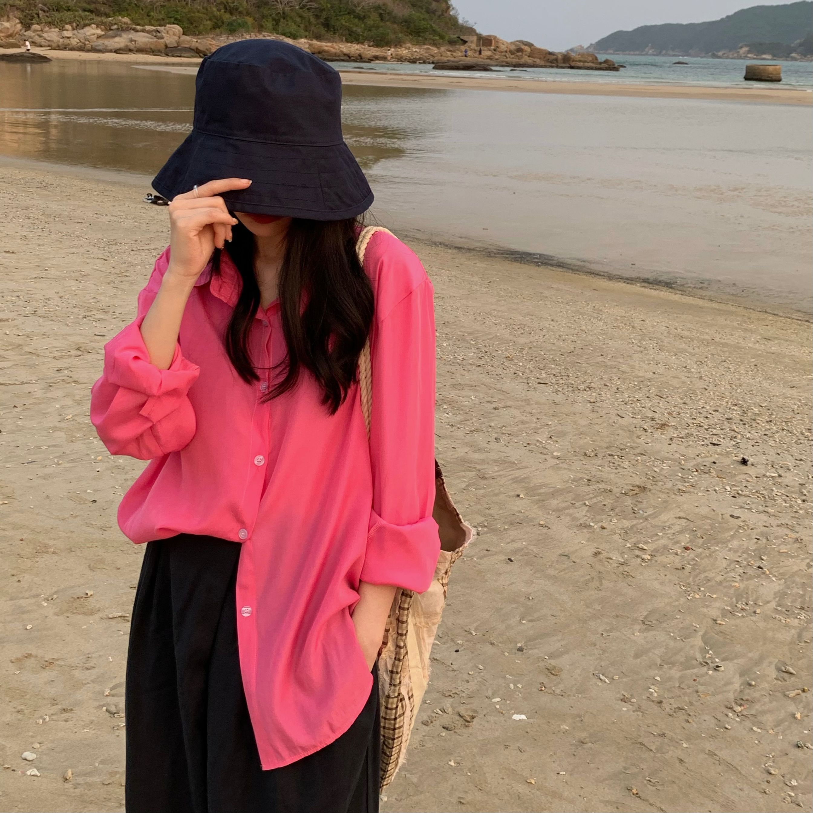 New real price loose design niche long sleeve shirt thin top pink shirt
