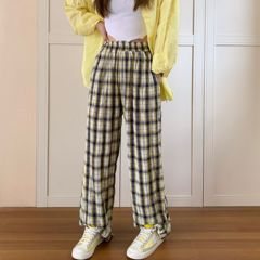 New real price contrast Plaid loose wide leg casual pants thin summer pants pleated floor pants
