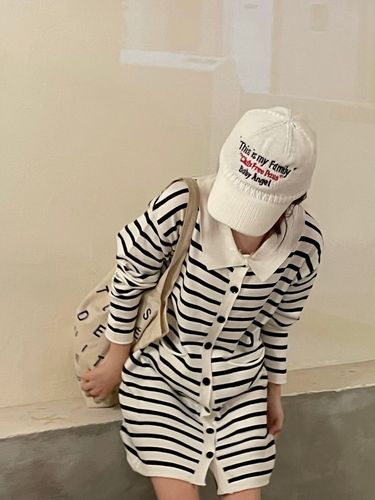 New real price super thick Striped Polo knitted pocket dress single breasted sweater long sleeve middle skirt