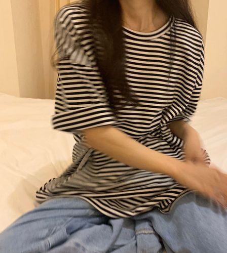 Real price oversize loose drop shoulder stripe Short Sleeve Tee