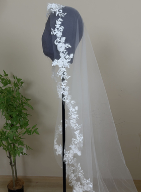 新款新娘头纱白色蕾丝花边长款婚纱礼服配饰婚纱摄影道具旅拍样片
