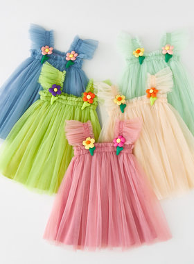 女童网纱立体花朵宴会服装连衣裙