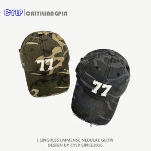 帽子男美式 复古77刺绣迷彩破洞棒球帽春夏街头遮阳鸭舌帽女显脸小