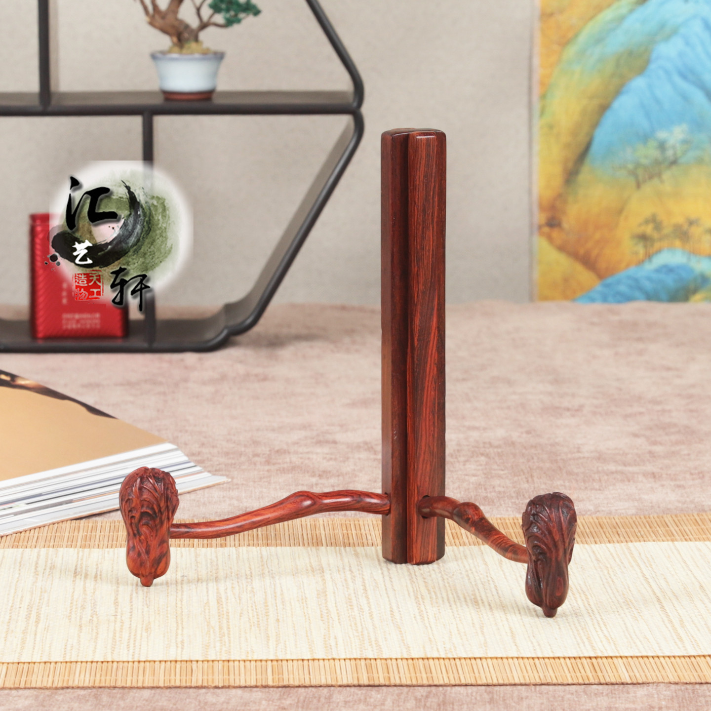 实木红酸枝百财普洱茶饼铜镜瓷盘展示创意架汉白玉平安扣拆卸托架