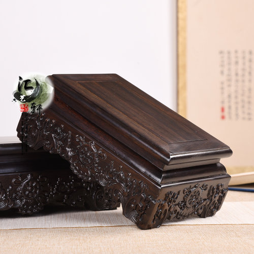 非洲黑檀实木长方海浪纹中国风黑松盆景展示托架仿古铜鼎加高木托