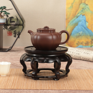 实木紫光檀新中式茶壶摆件圆几铜香炉盆景兰花展示花几加高木托架
