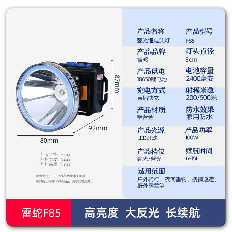 头戴式充电头灯家用户外钓鱼探照灯LED大功率锂电池强光头灯