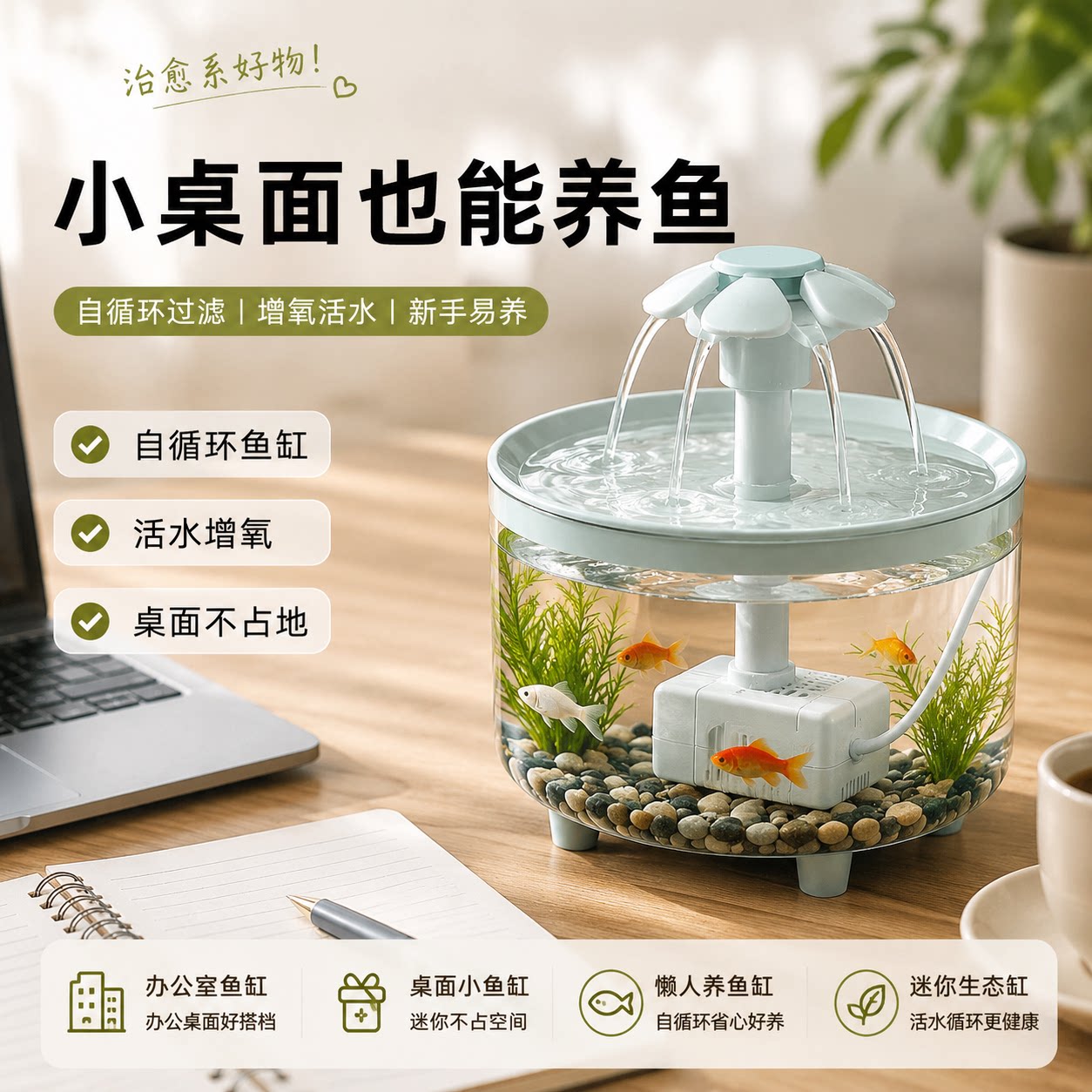 桌面迷你小鱼缸自循环活水工位氛围布置桌面改造小物件过滤增氧缸