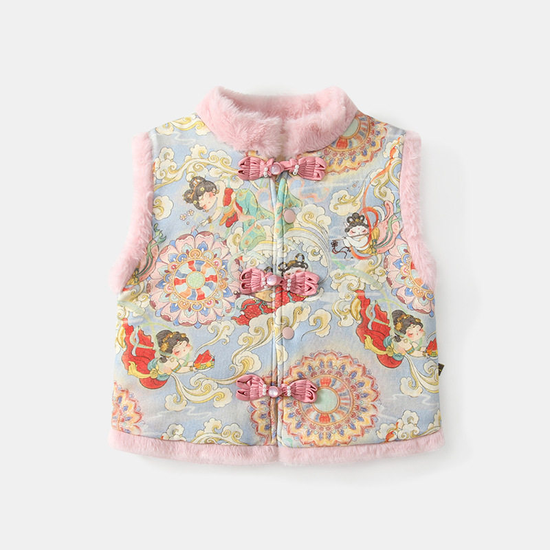 女童汉服马甲保暖背心秋冬加绒婴儿国风马夹外穿宝宝新中式棉上衣