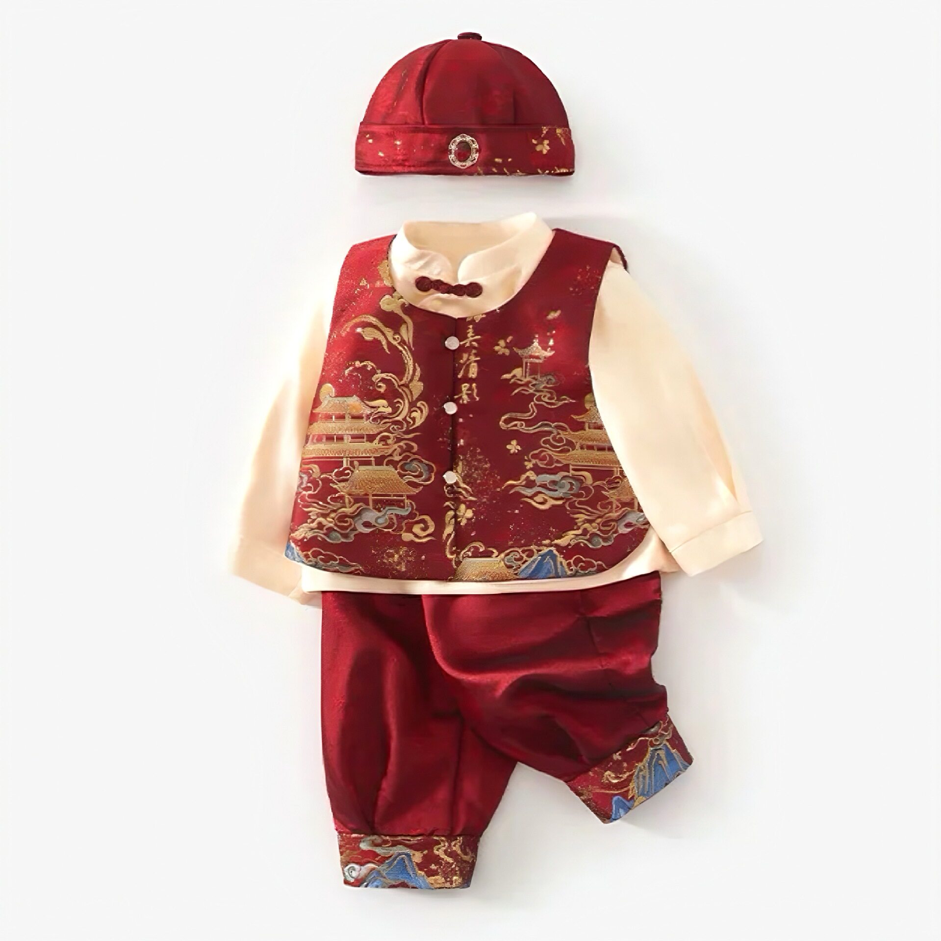 抓周男童生日礼服中式加绒宝宝周岁唐装汉服马甲套装婴儿过年衣服