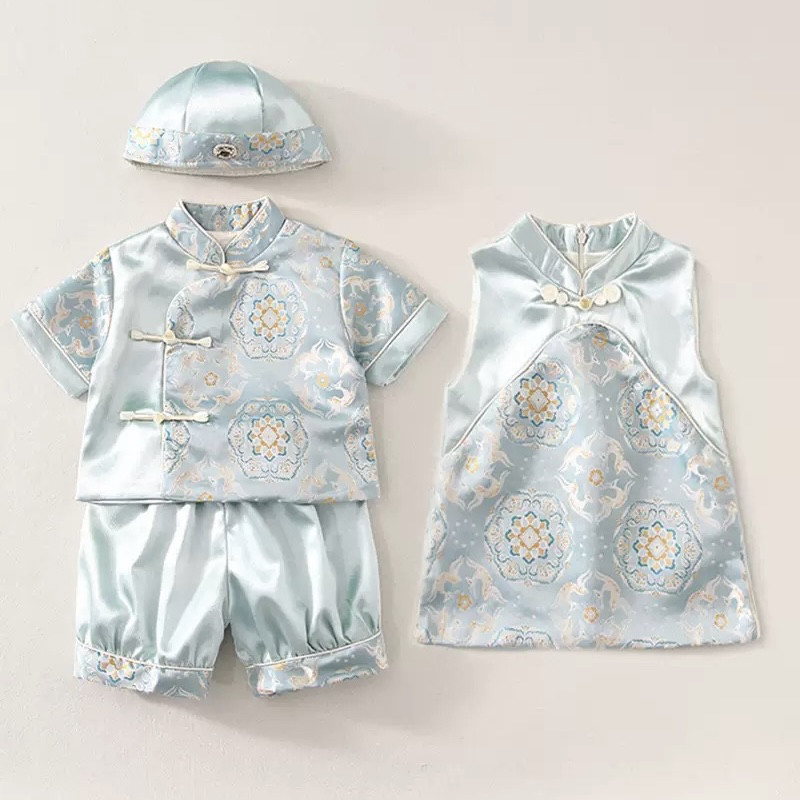 龙凤胎宝宝马年周岁宴礼服春夏款男宝新中式生日冠衣女童旗袍裙子