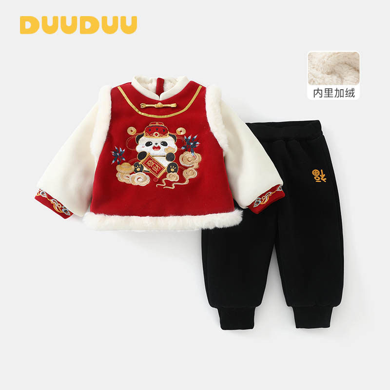 儿童过年衣服加绒加厚女童中国风新年套装抓周男宝冬装马年拜年服