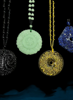新中式平安扣吊坠仿碧玉琉璃复古双面四方来财项链貔貅古风挂件