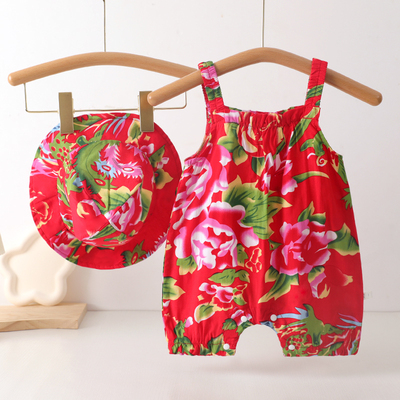 婴儿爬服夏季吊带女宝宝连体衣薄款东北大花超萌夏装帽子哈衣套装