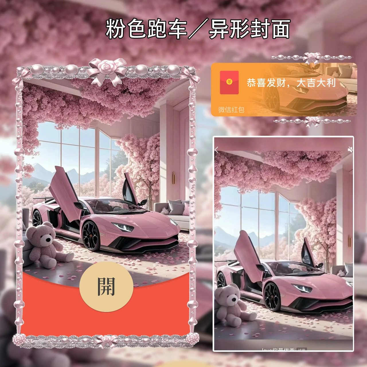 豪华粉色跑车微信红包封面浪漫wvx皮肤序列号新款动态异形创意