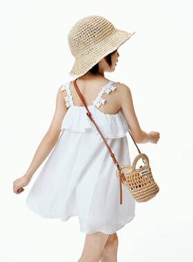 little moco 26年夏装女童白色纯棉花边吊带裙连衣裙子KBF2DRST13