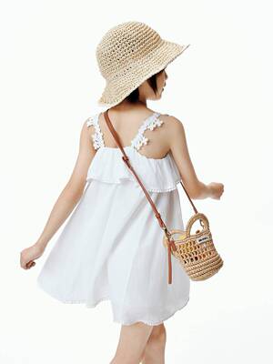 little moco 26年夏装女童白色纯棉花边吊带裙连衣裙子KBF2DRST13
