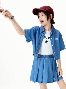 little moco童装26夏装新款女童莱赛尔牛仔短袖衬衫KBF2SHT004