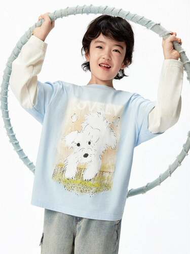 little moco26款男女童狗狗印花抑菌纯棉长袖假两件T恤KBF1TEE016
