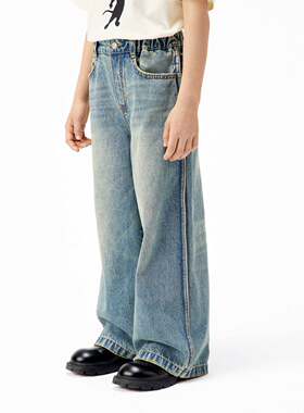 little moco 25秋男女童长裤宽松牛仔裤儿童纯棉直筒裤KBE3JENT03