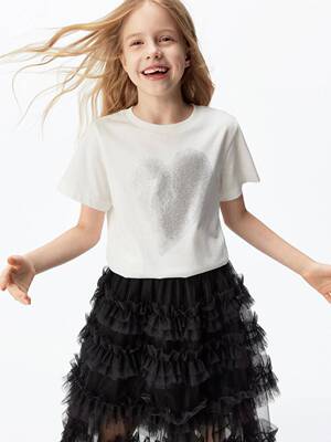 little moco童装26春新款女童纯棉短袖仿烫钻爱心t恤KBF1TEE015