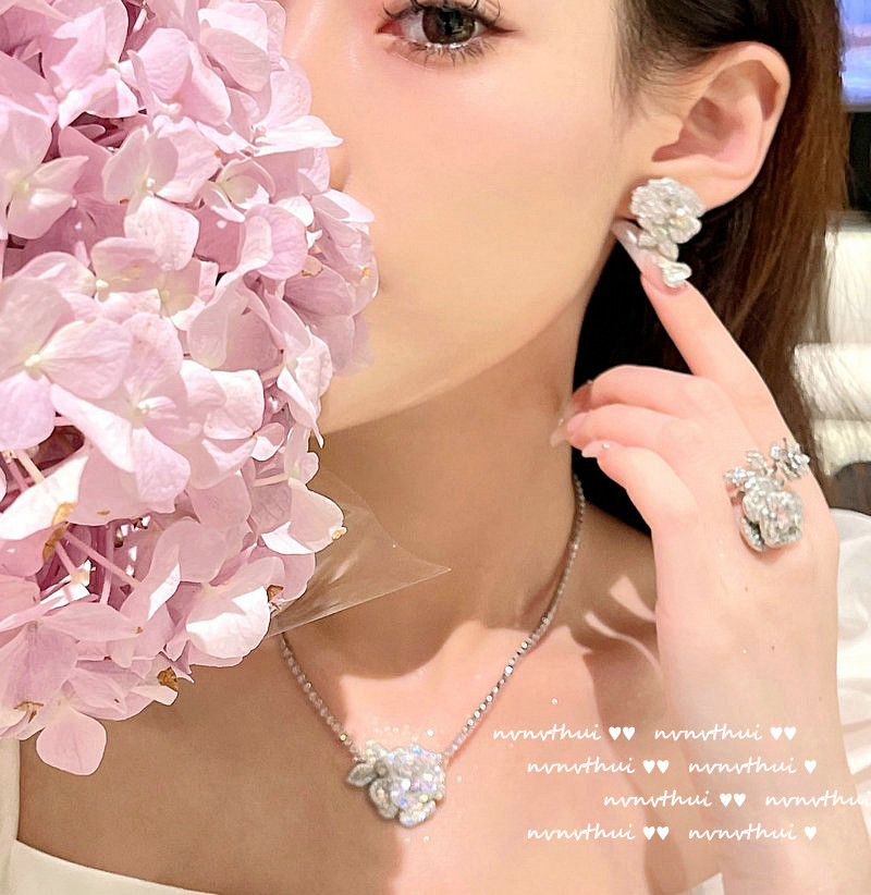 舒伯特玫瑰粉宝石蔷薇花朵耳坠 美式精切 镀18k金 玫瑰花锆石项链