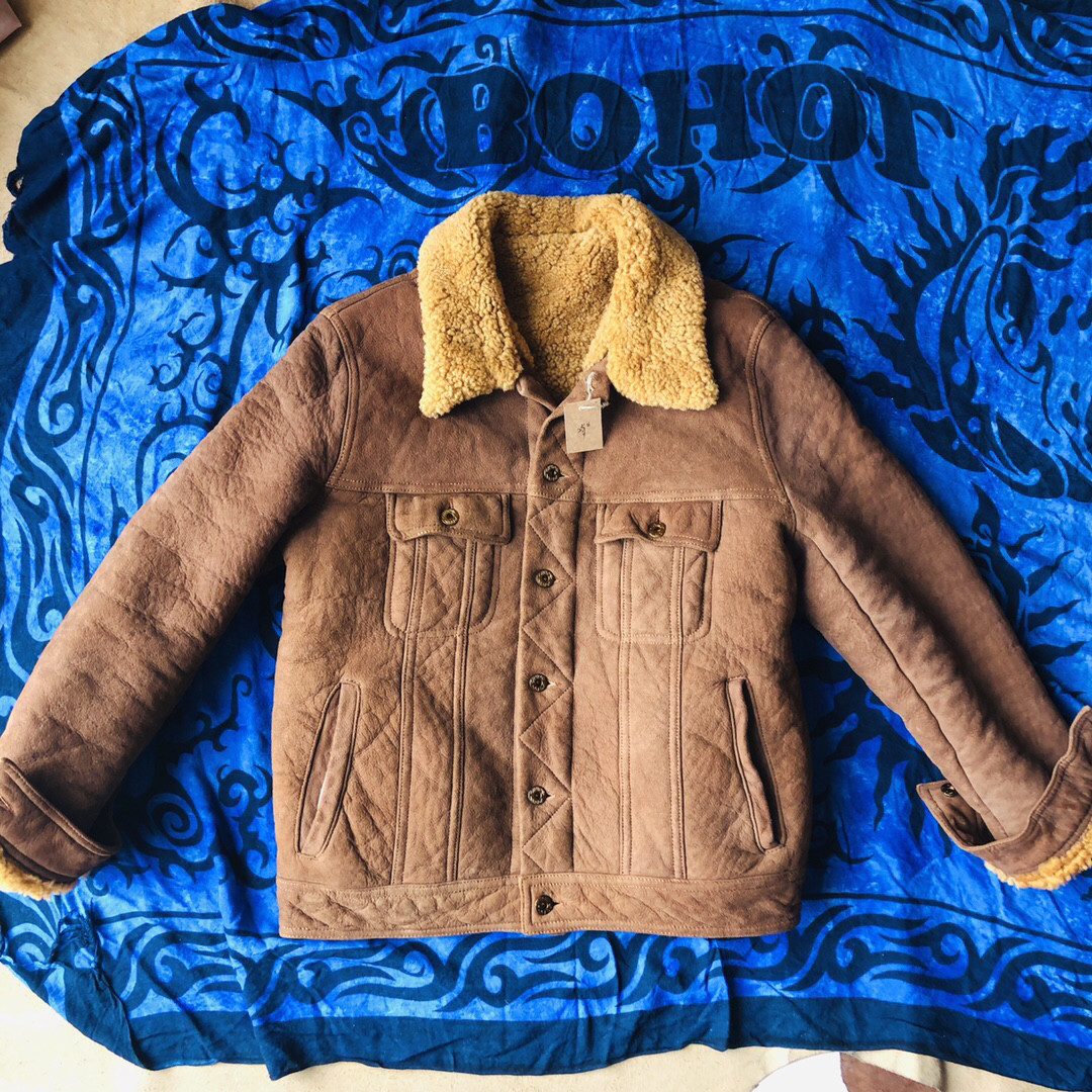 牛仔皮毛一体皮衣复古成衣水洗 手工定制款 澳洲黄色卷毛冬季保暖