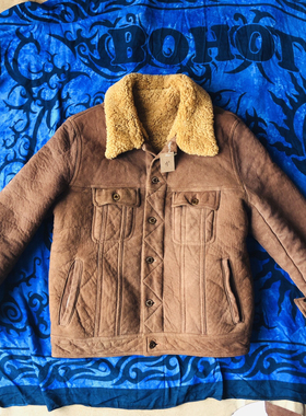 牛仔皮毛一体皮衣复古成衣水洗 手工定制款 澳洲黄色卷毛冬季保暖