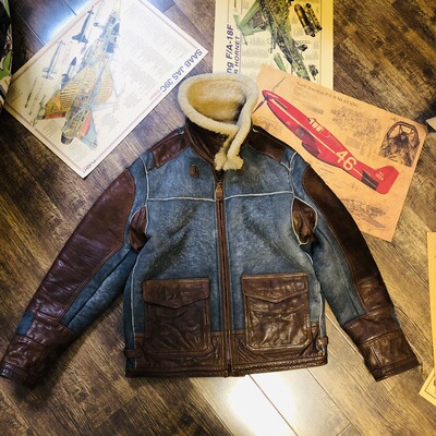 RL风皮毛一体投弹手羊皮夹克定制飞行服男女皮衣马皮拼接保暖外套