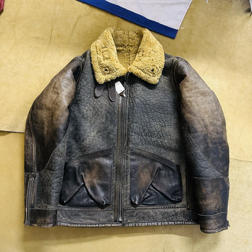 飞行古堡定制B3皮毛一体飞行皮夹克 2.0厚度美式复古翻领皮衣外套